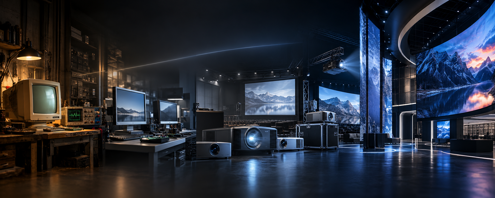The evolution of display and projection technology, from vintage workshop to modern auditorium