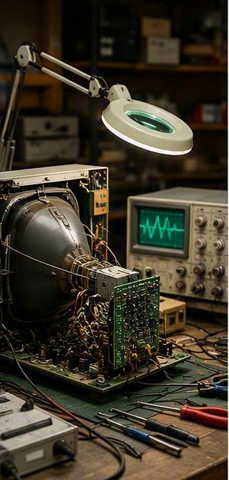 A CRT monitor opened on a service bench under a magnifier lamp, next to an oscilloscope